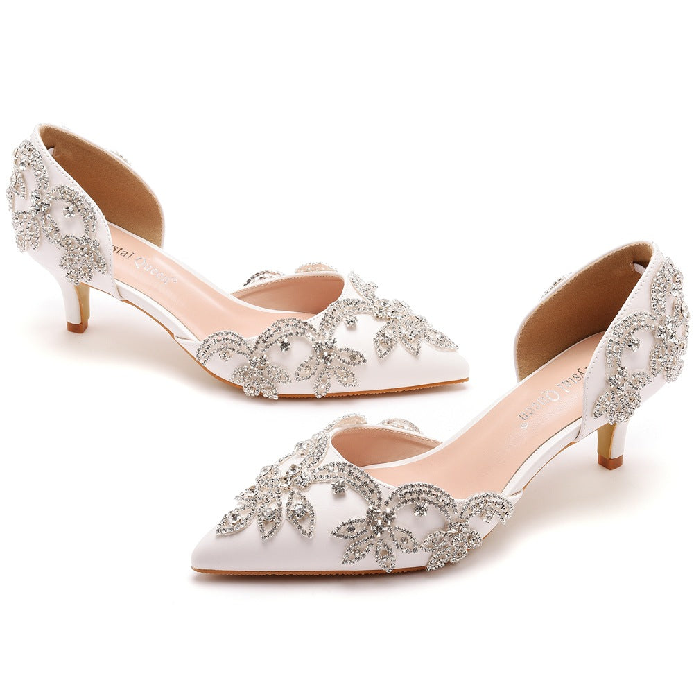 Pointed Toe Mid Cutout Two-Piece Rhinestone Slip On Kitten Heels