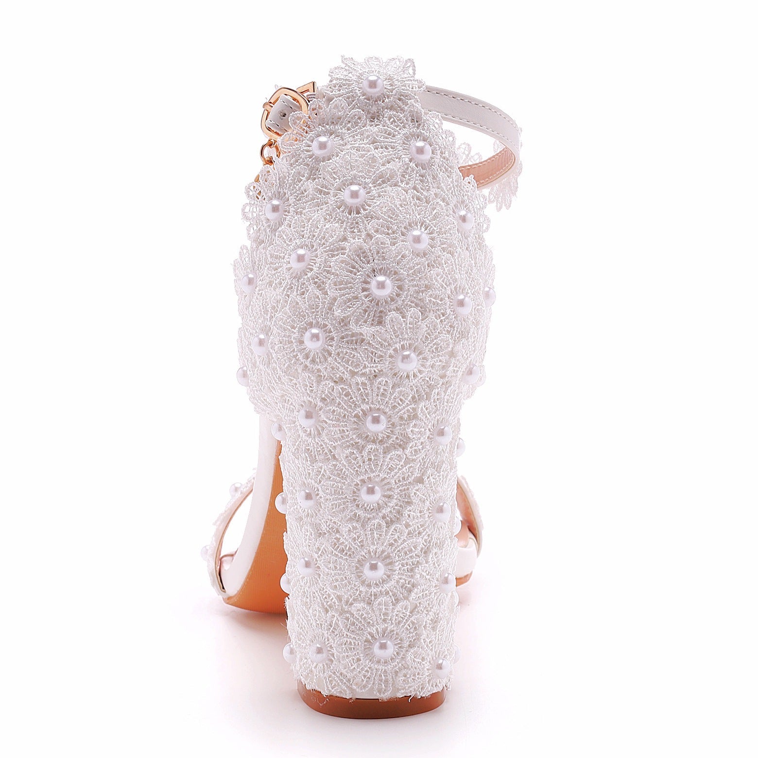 Open Toe Lace Pearl Ankle Strap Chunky Heel