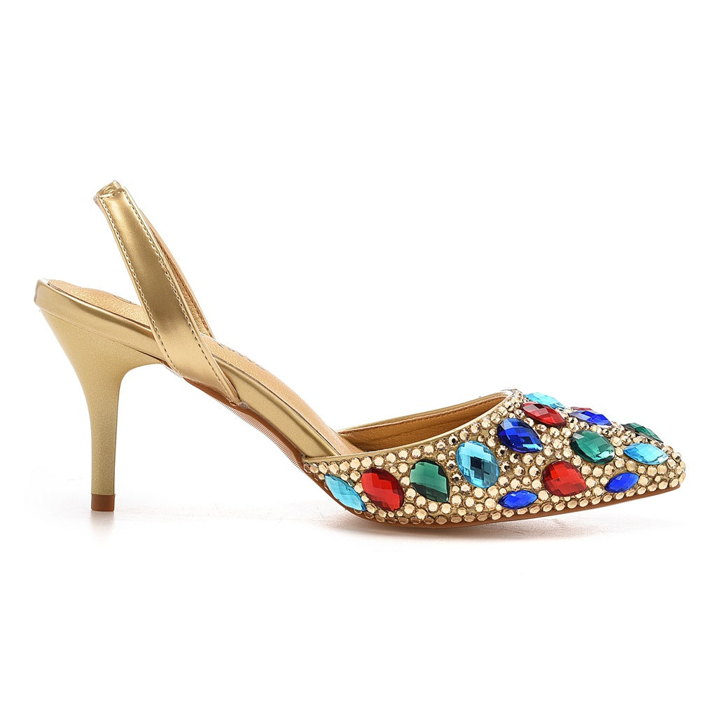 Pointed Toe Fashionable Rhinestone Decor Slingback High Heels