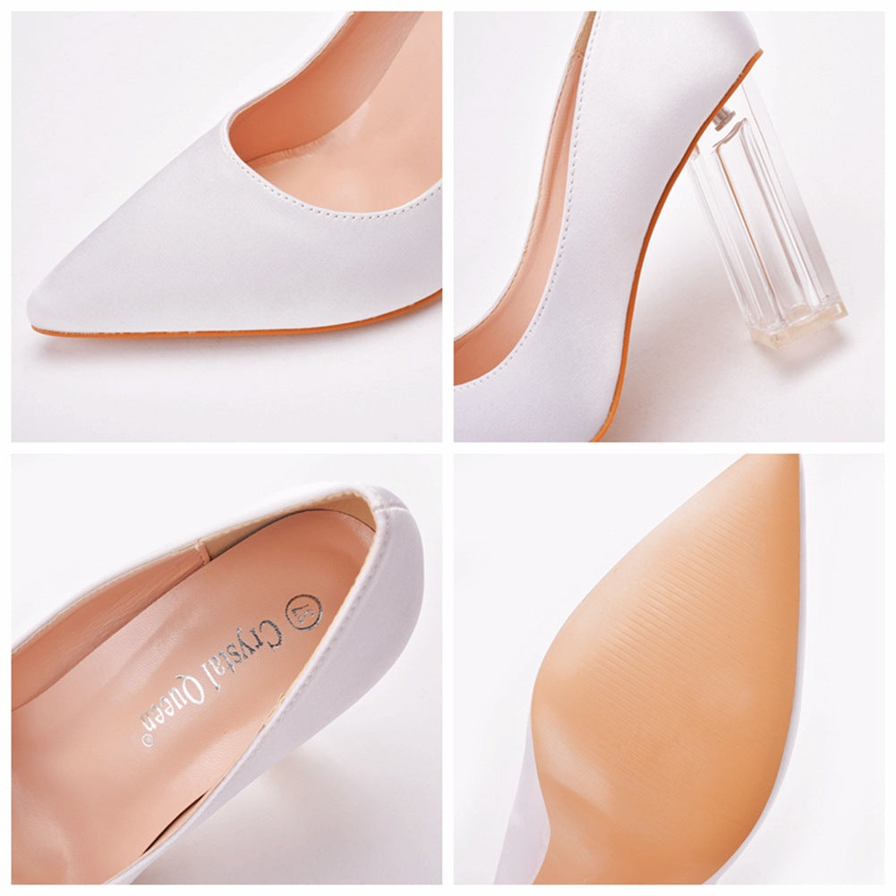 Pointed Toe White Block Heels Crystal Transparent Square Heels