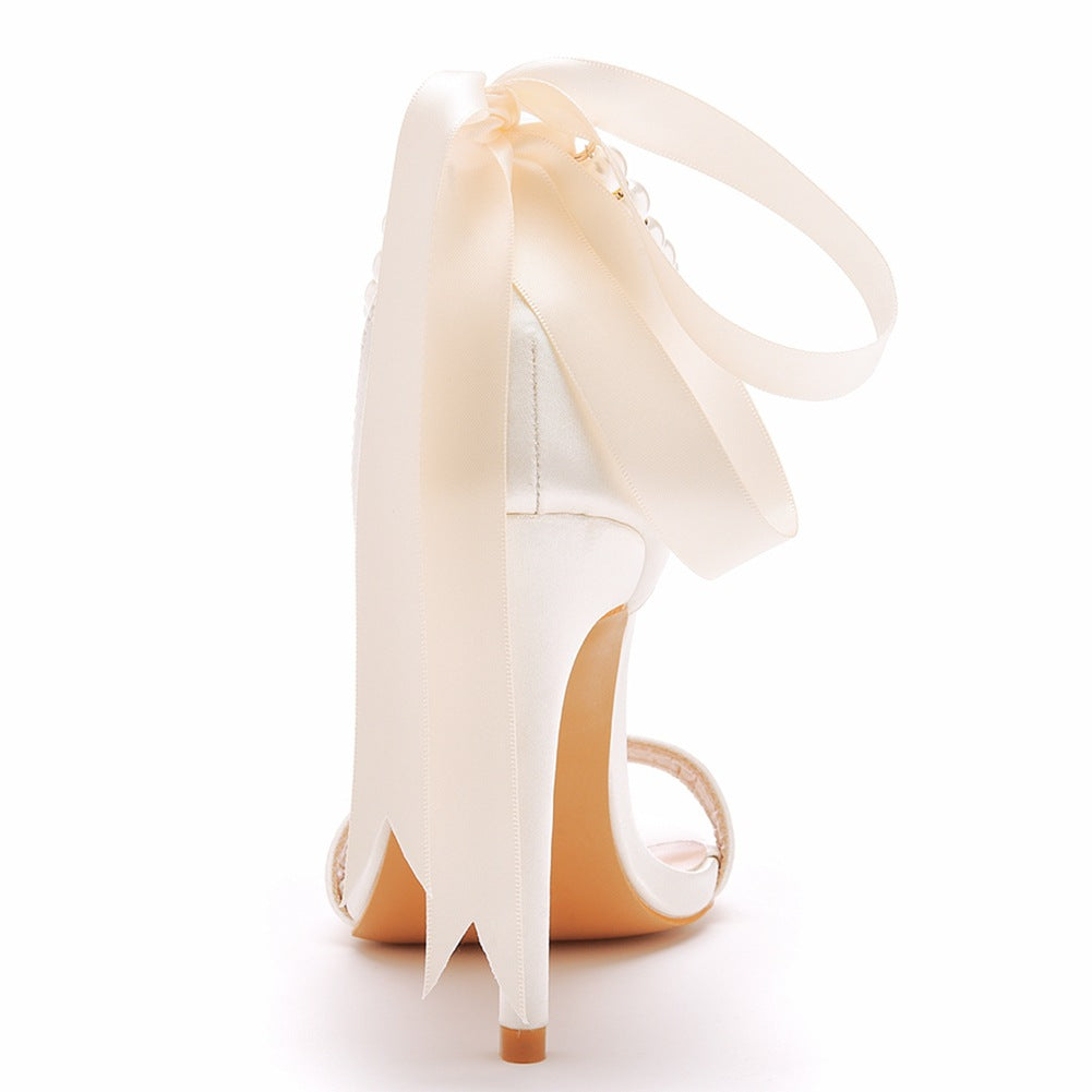 Open Toe Bow & Faux Pearl Satin Ankle Strap Stiletto