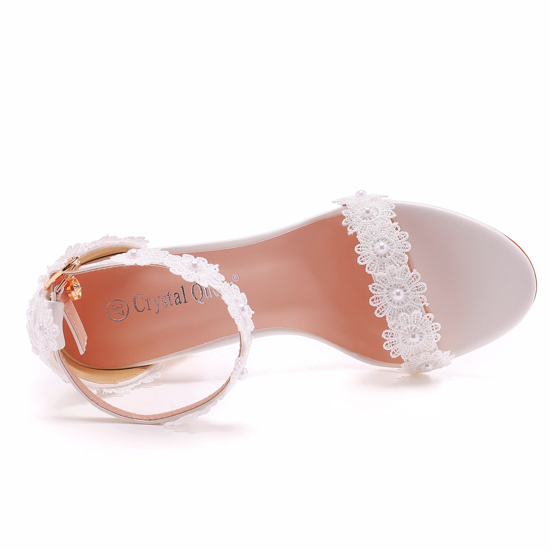 Open Toe Lace Pearl Ankle Strap Chunky Heel