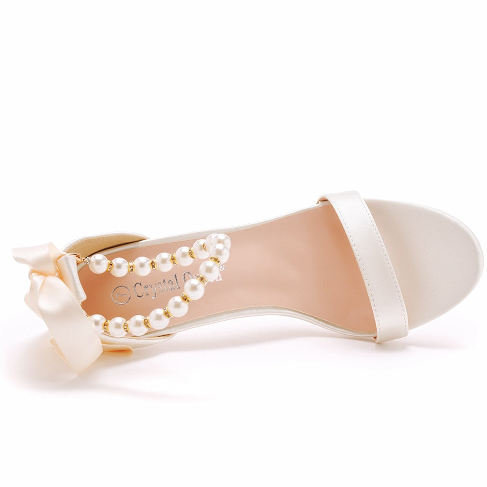 Open Toe Bow & Faux Pearl Satin Ankle Strap Stiletto