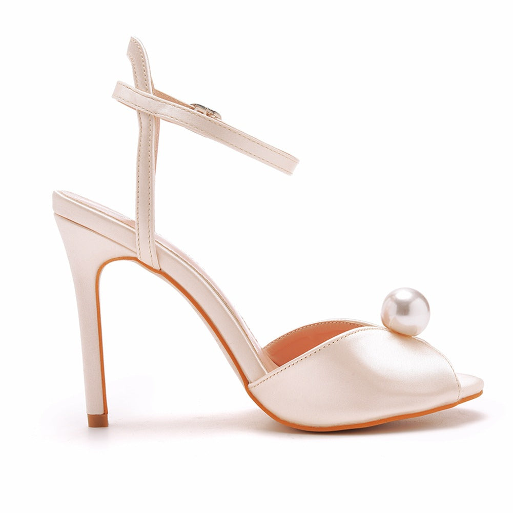 Peep Toe Satin Pearl Ankle Strap Buckle Ultra High Heels