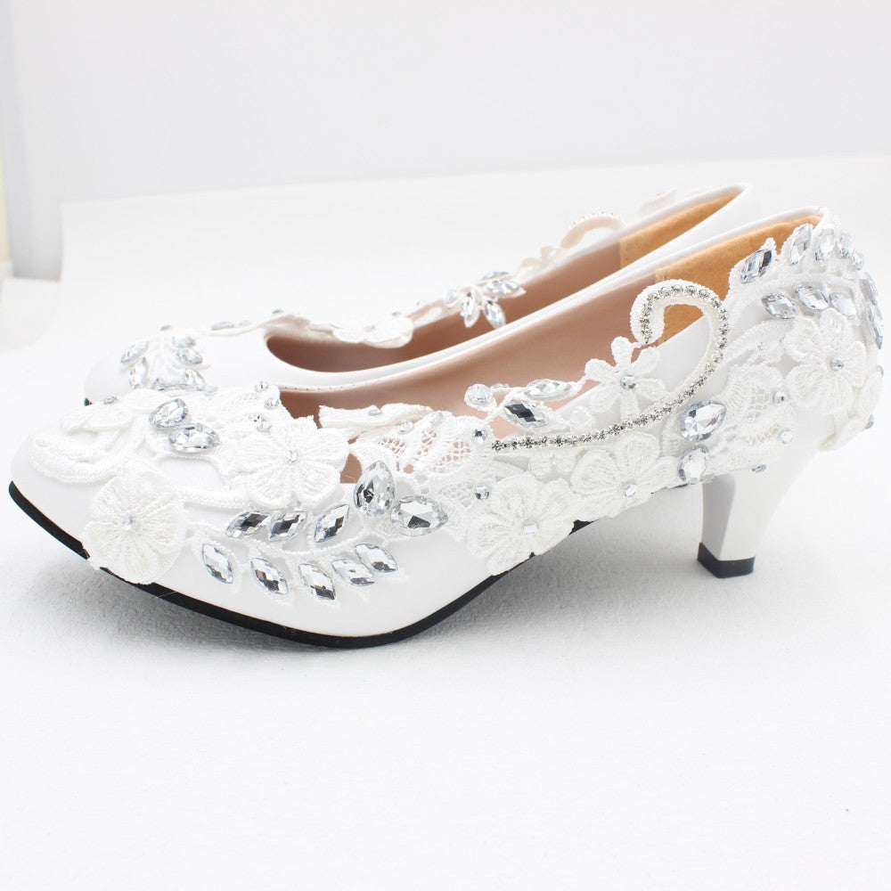 Diamond Round Toe High Heels Lace Wedding Shoes