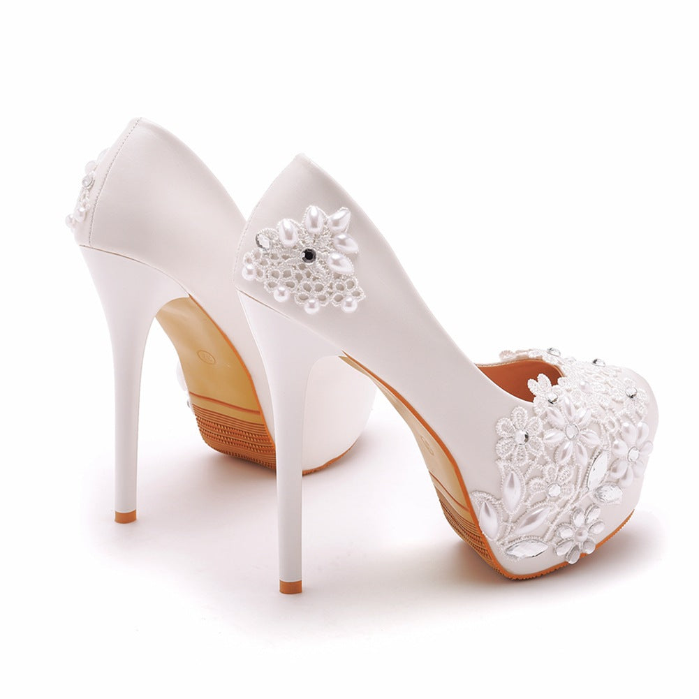 Rhinestone Pearl Lace Decor Bridal Platform Slip On Ultra High Heels