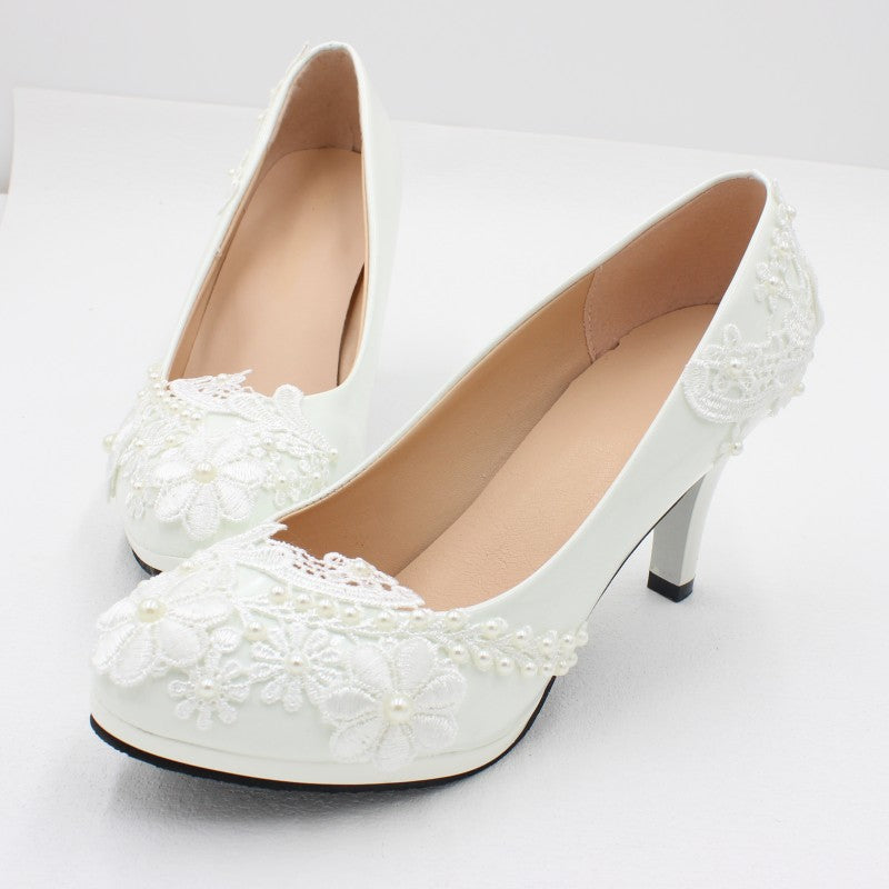 Round Toe High Heels Lace Wedding Shoes