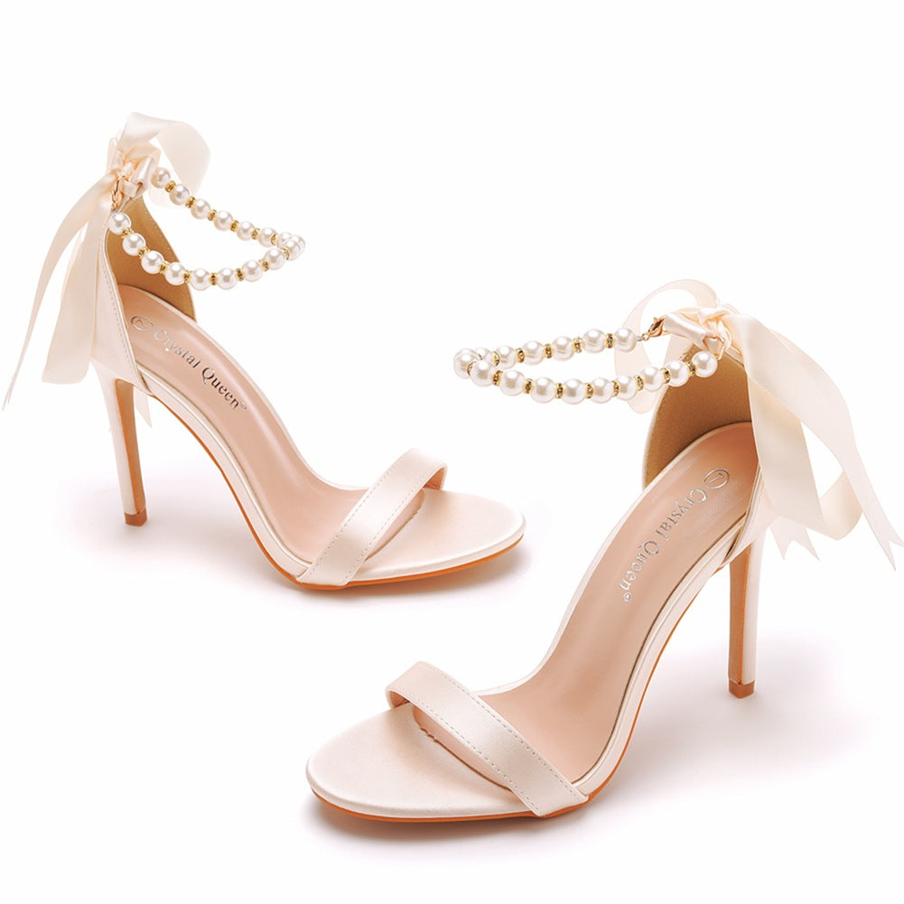 Open Toe Bow & Faux Pearl Satin Ankle Strap Stiletto