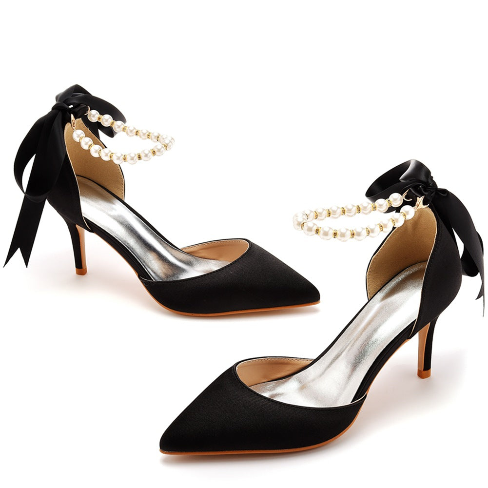 Pointed Toe Satin Pearl Ribbon Ankle Strap High Heels