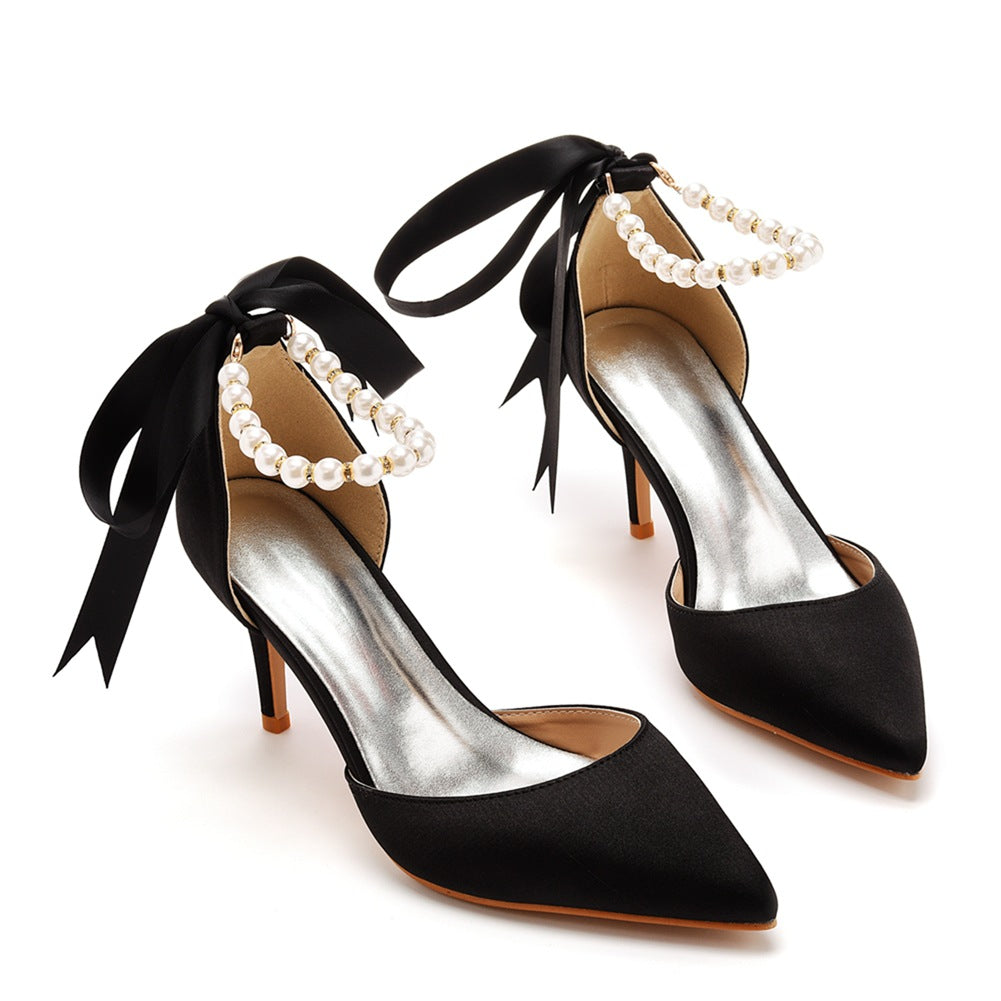 Pointed Toe Satin Pearl Ribbon Ankle Strap High Heels