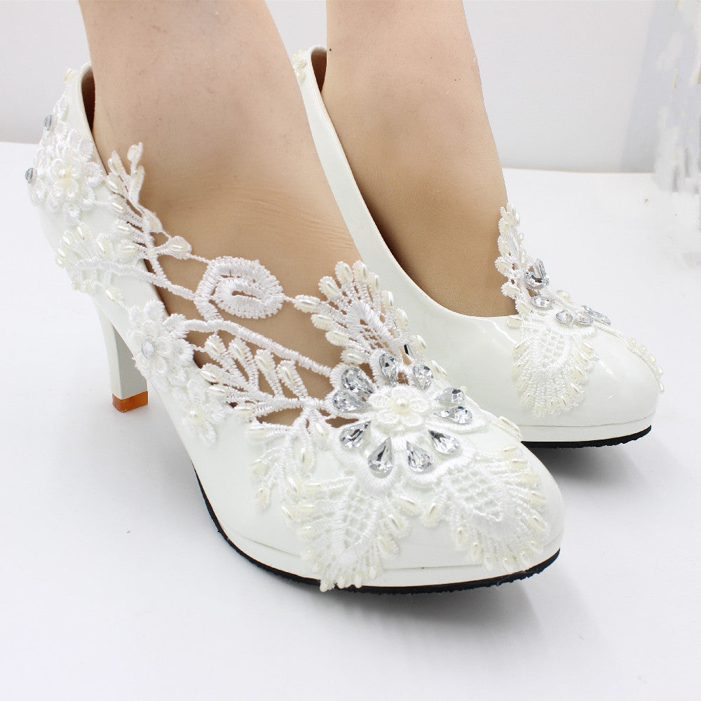 Round Toe Diamond High Heels Lace Women's Wedding Shoes