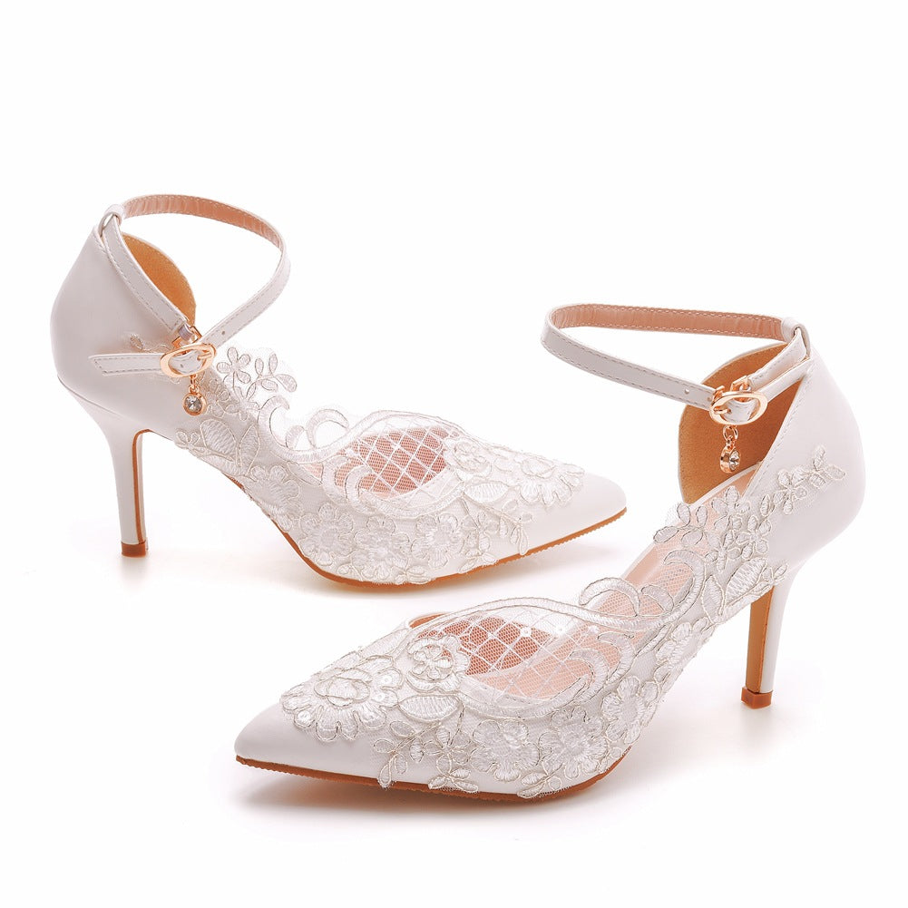 White Pointed Toe Lace Ankle Strap High Heels