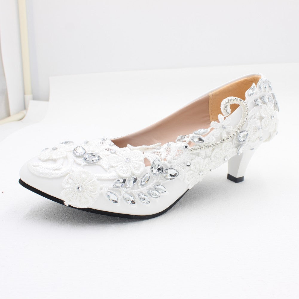 Diamond Round Toe High Heels Lace Wedding Shoes