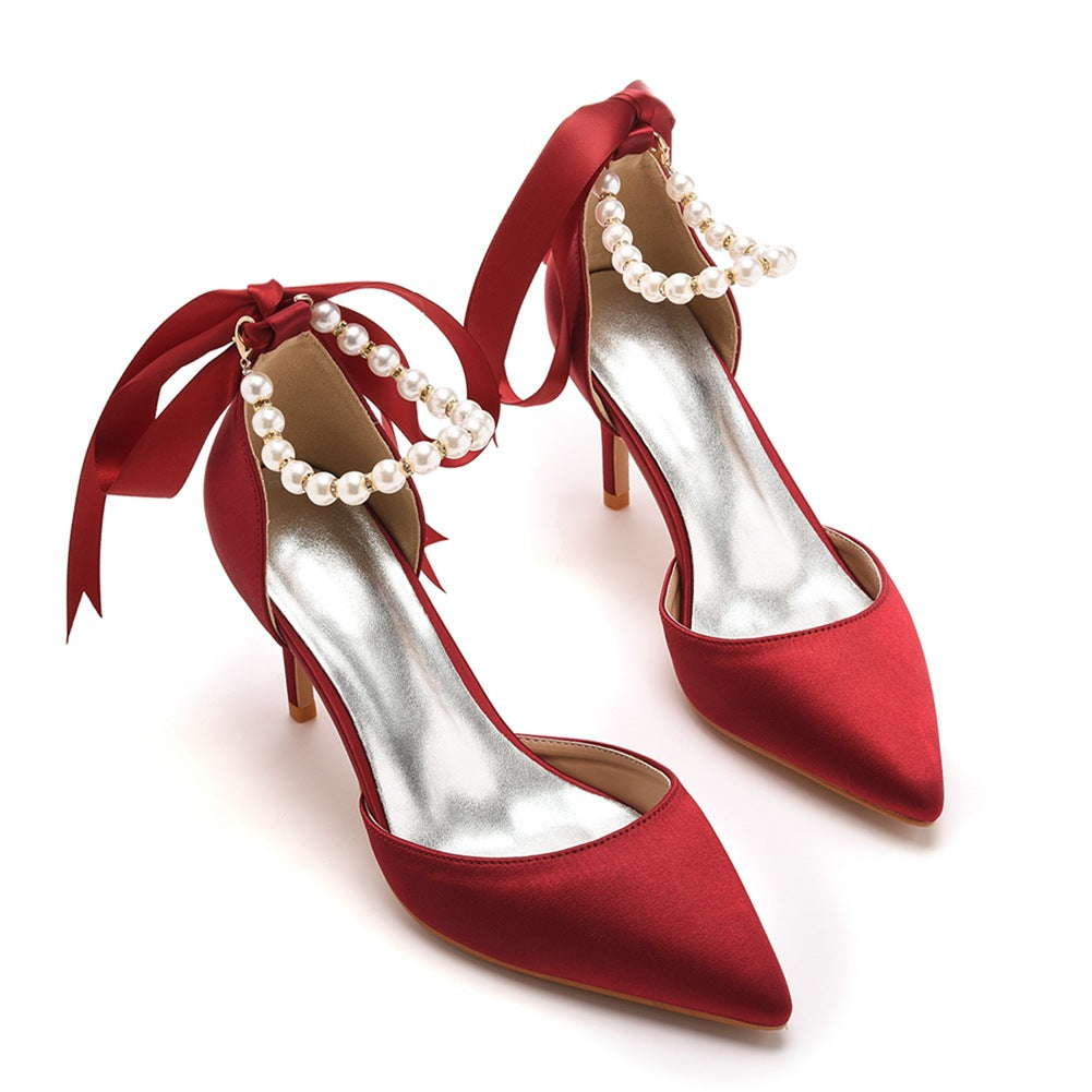 Pointed Toe Satin Pearl Ribbon Ankle Strap High Heels