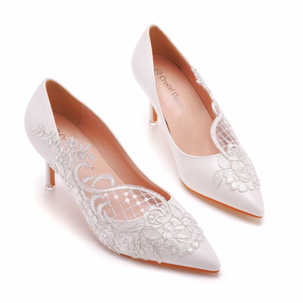 Women's Wedding Shoes White Lace Pointed Toe High Heels