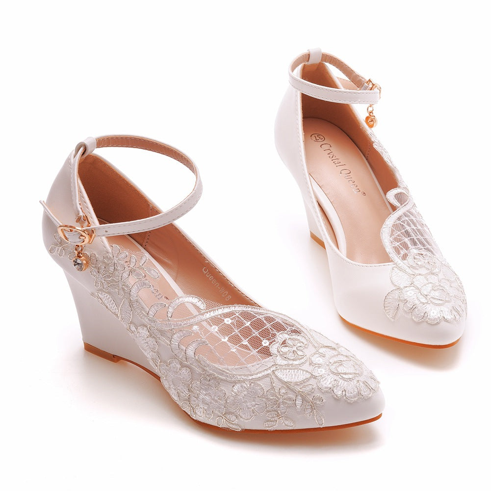 Round Toe Lace Ankle Strap Wedge Heel Wedding Shoes