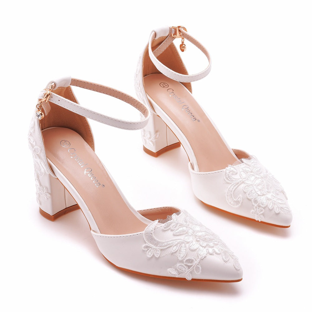 White Pointed Toe Lace Ankle Strap Chunky Heel