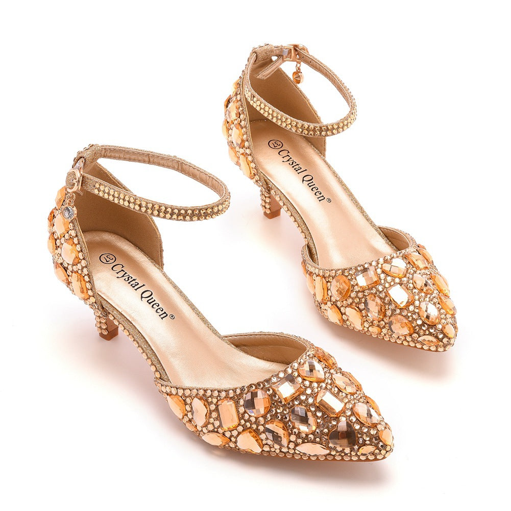 Pointed Toe Crystal Diamond Ankle Strap High Heel