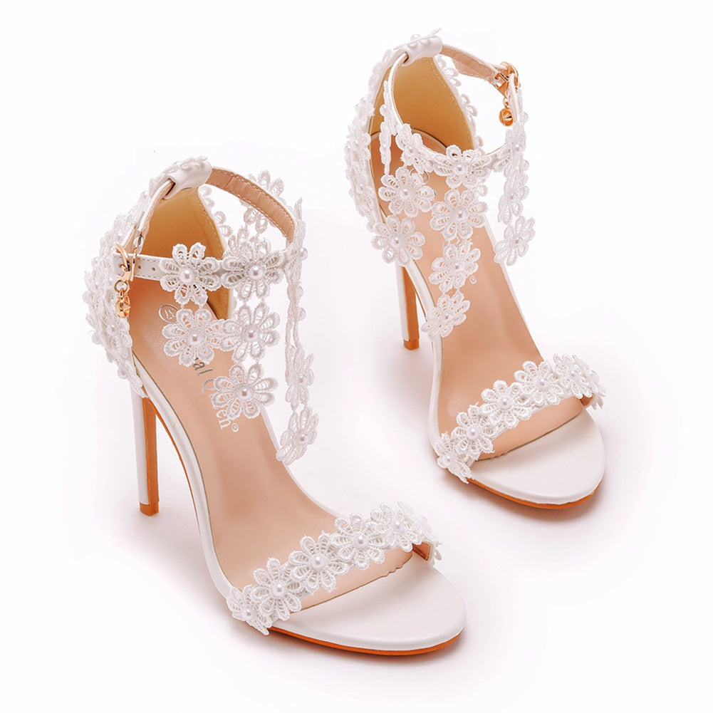 Open Toe White Lace Flowers Tassels Ankle-Strap Ultra High Heels