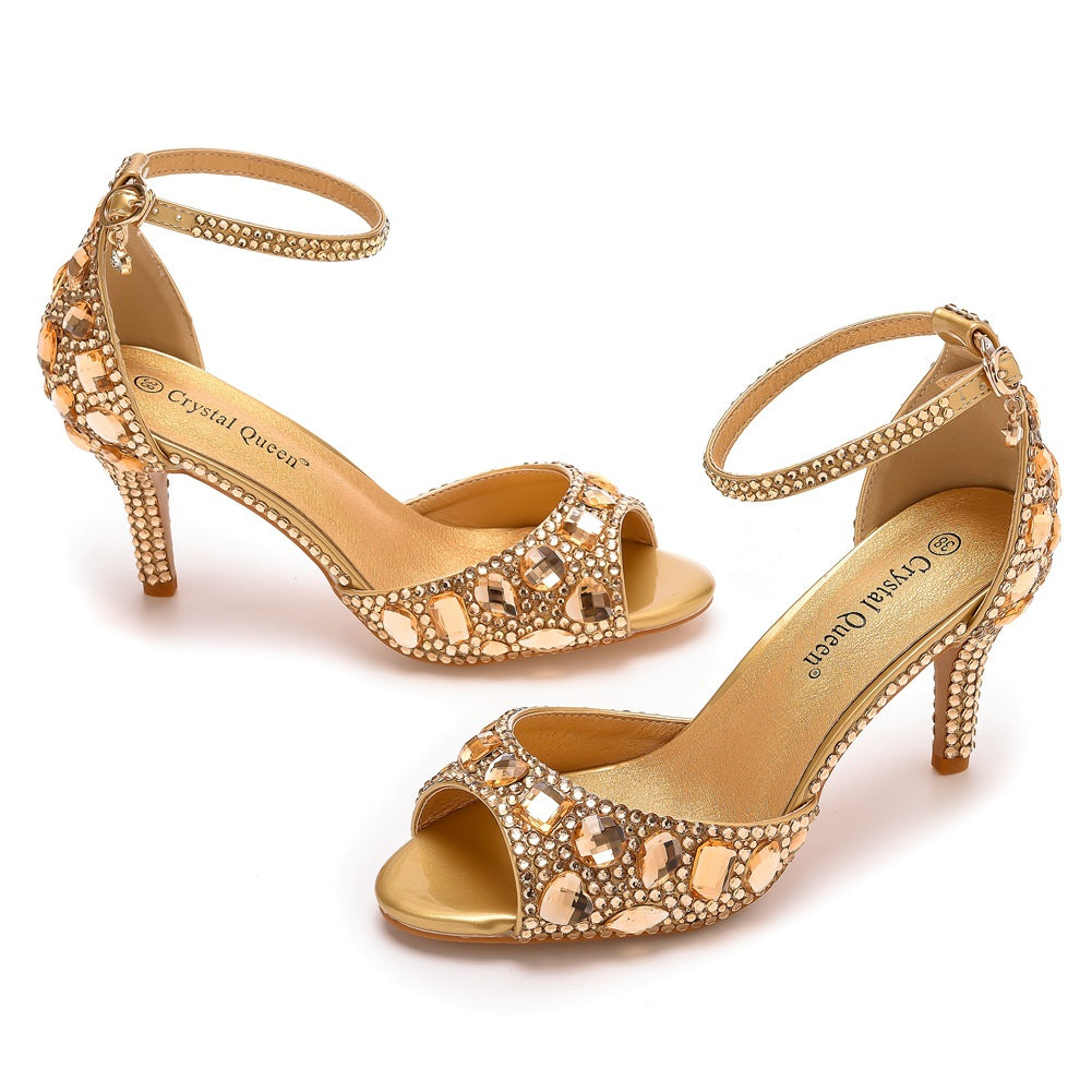 Peep Toe Rhinestone Decor Ankle-Strap High Heels