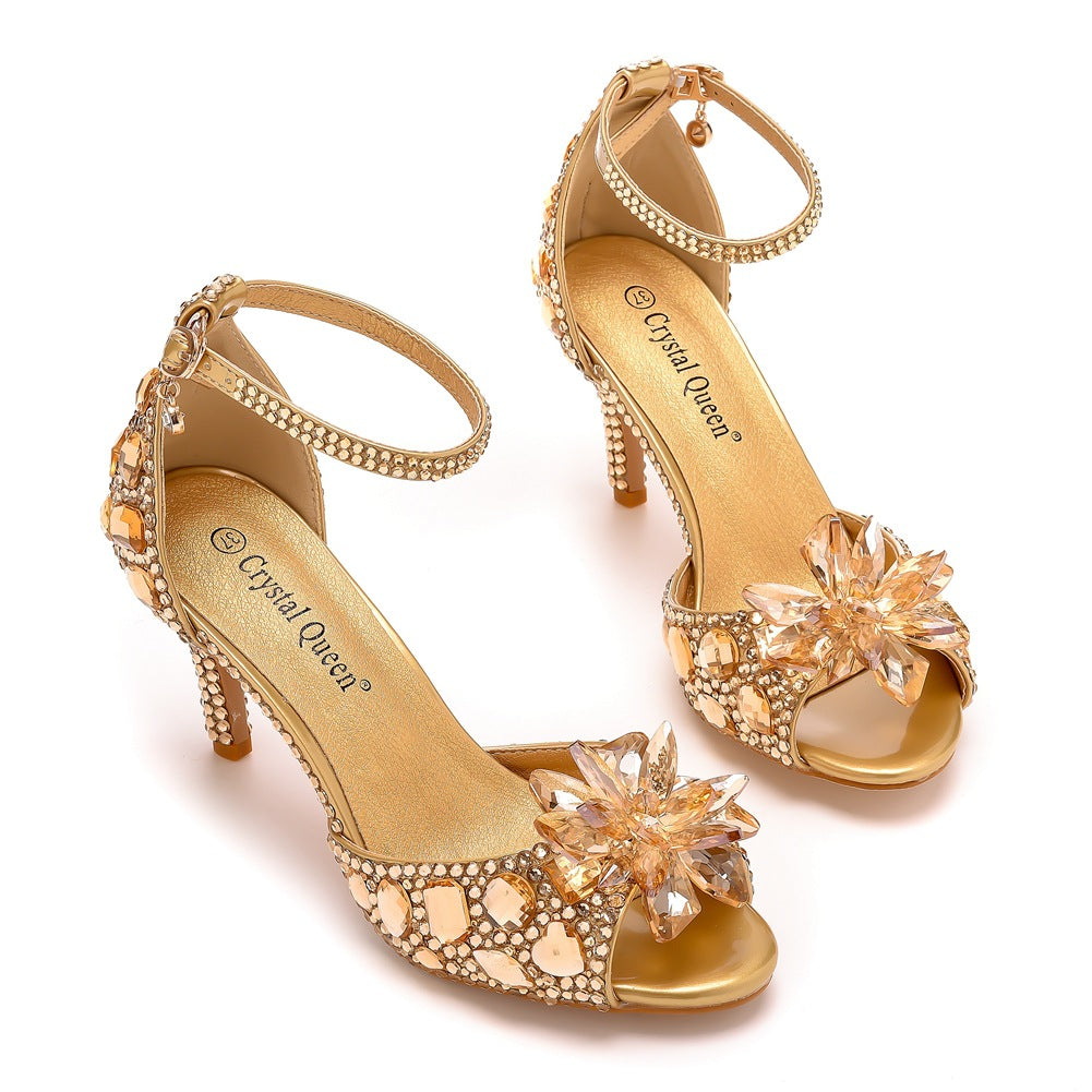 Peep Toe Crystal Rhinestone Ankle-Strap High Heels