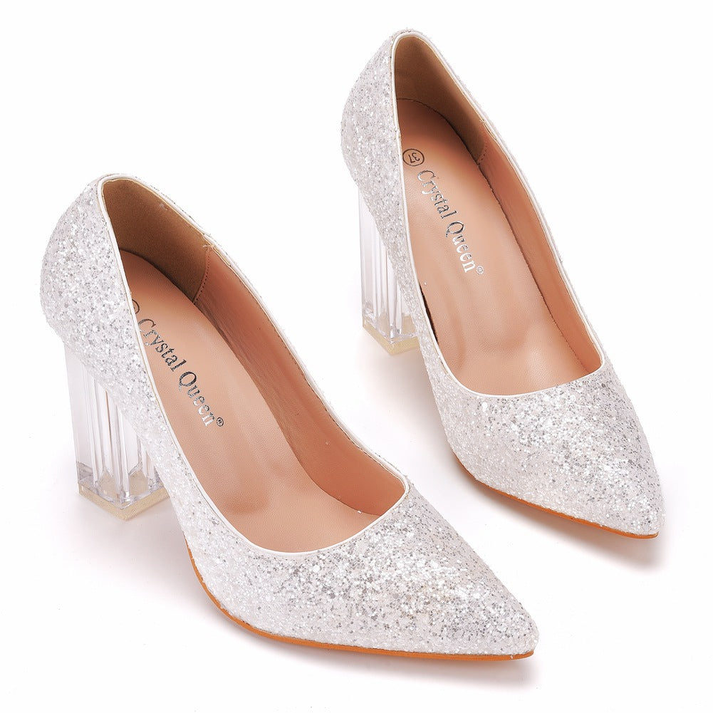 Pointed Toe Satin Crystal Transparent Slip On High Heels