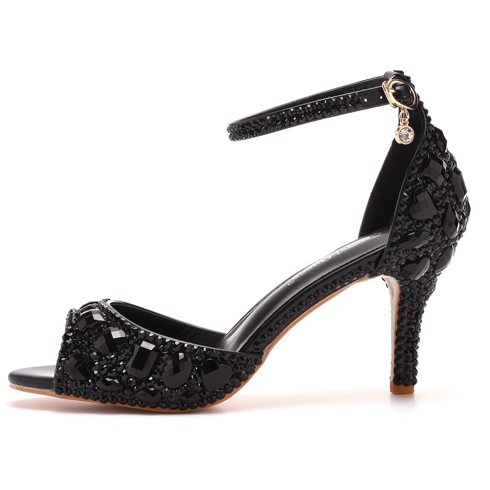 Peep Toe Rhinestone Decor Ankle-Strap High Heels