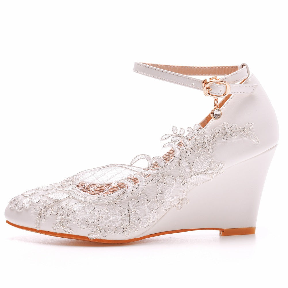 Round Toe Lace Ankle Strap Wedge Heel Wedding Shoes