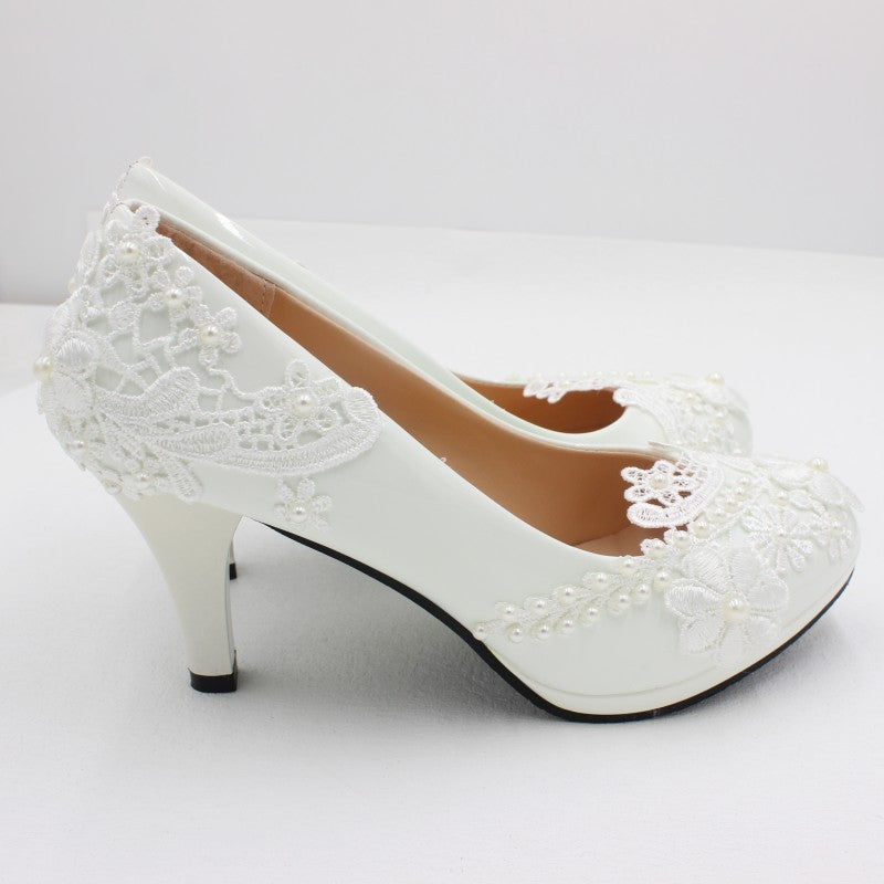 Round Toe High Heels Lace Wedding Shoes