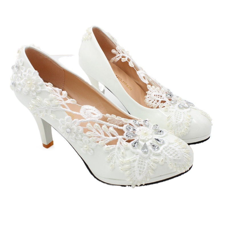 Round Toe Diamond High Heels Lace Women's Wedding Shoes