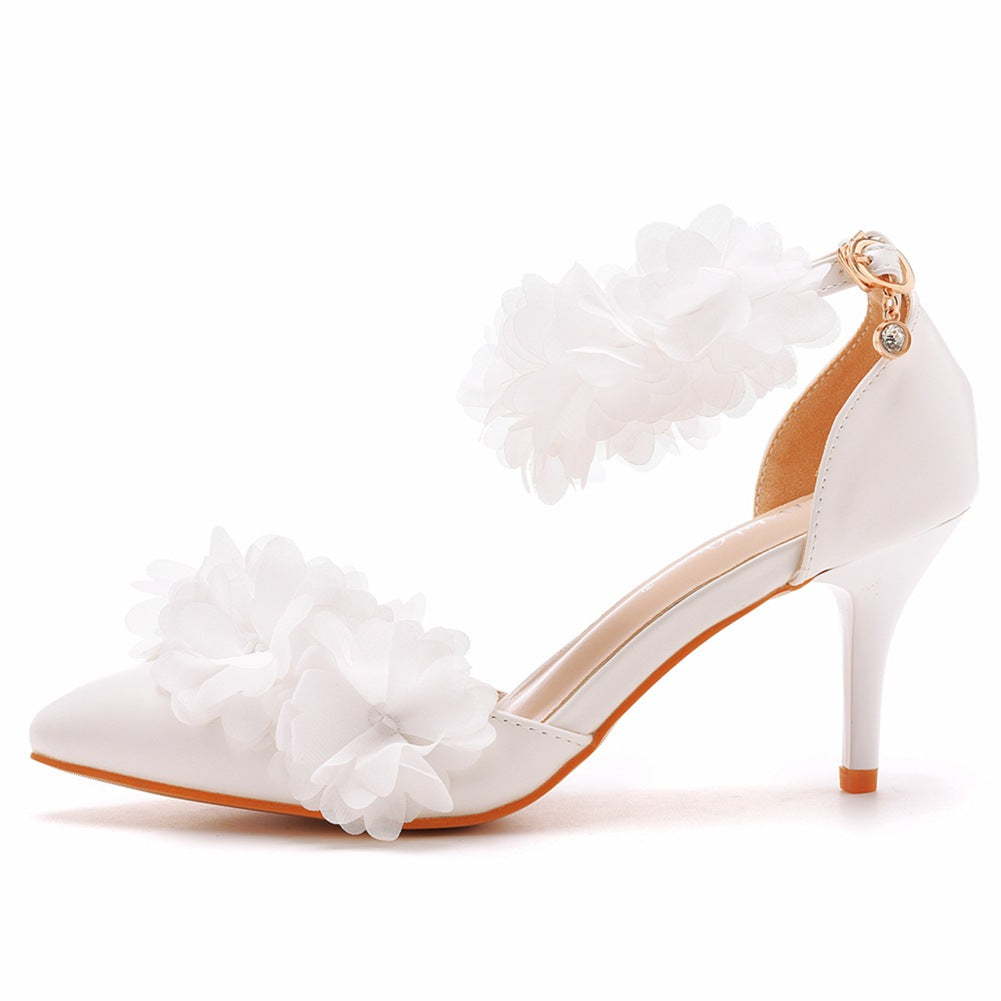 White Flowers Pointed Toe Ankle Strap High Heels