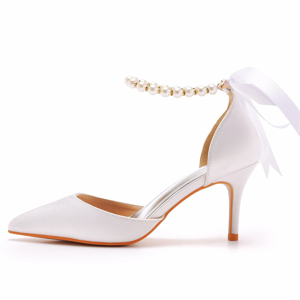 Pointed Toe Satin Pearl Ribbon Ankle Strap High Heels