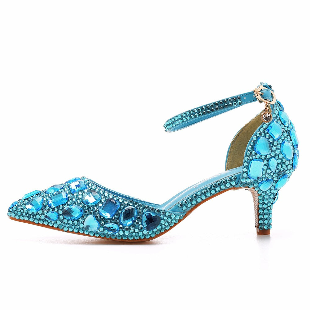 Pointed Toe Crystal Diamond Ankle Strap High Heel