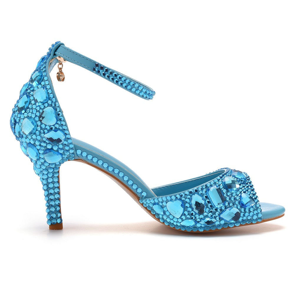 Peep Toe Rhinestone Decor Ankle-Strap High Heels