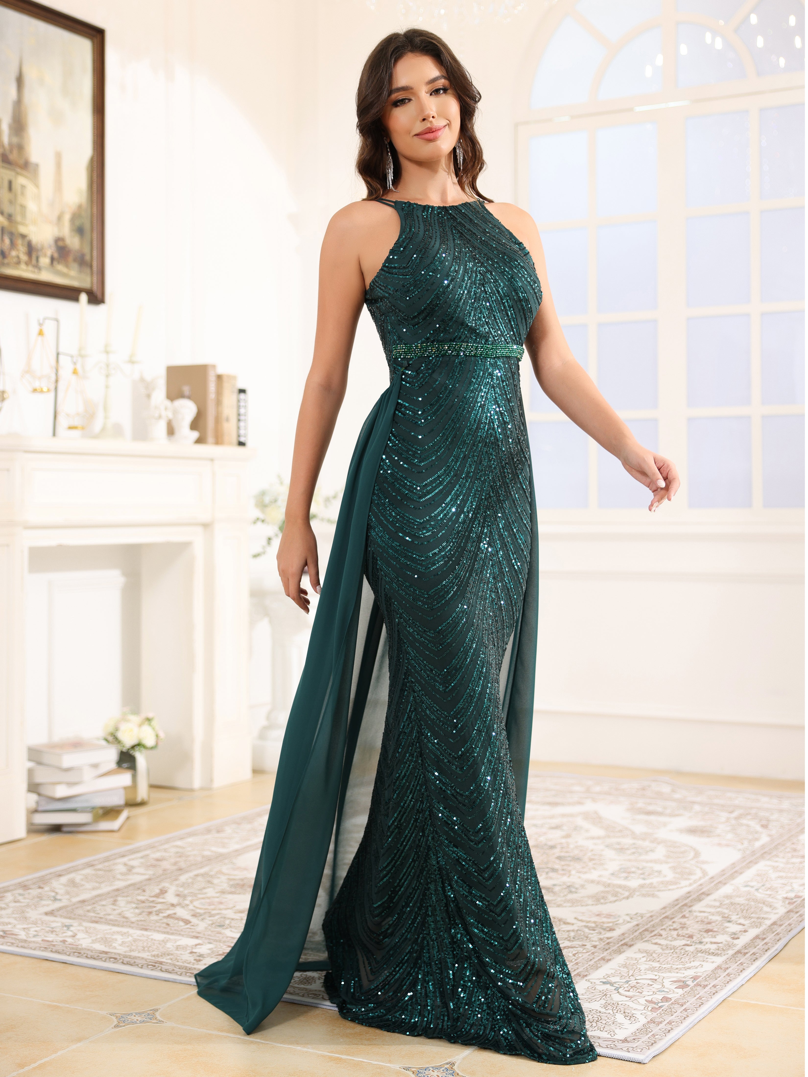 Mermaid Halter Sequins Long Prom Dress