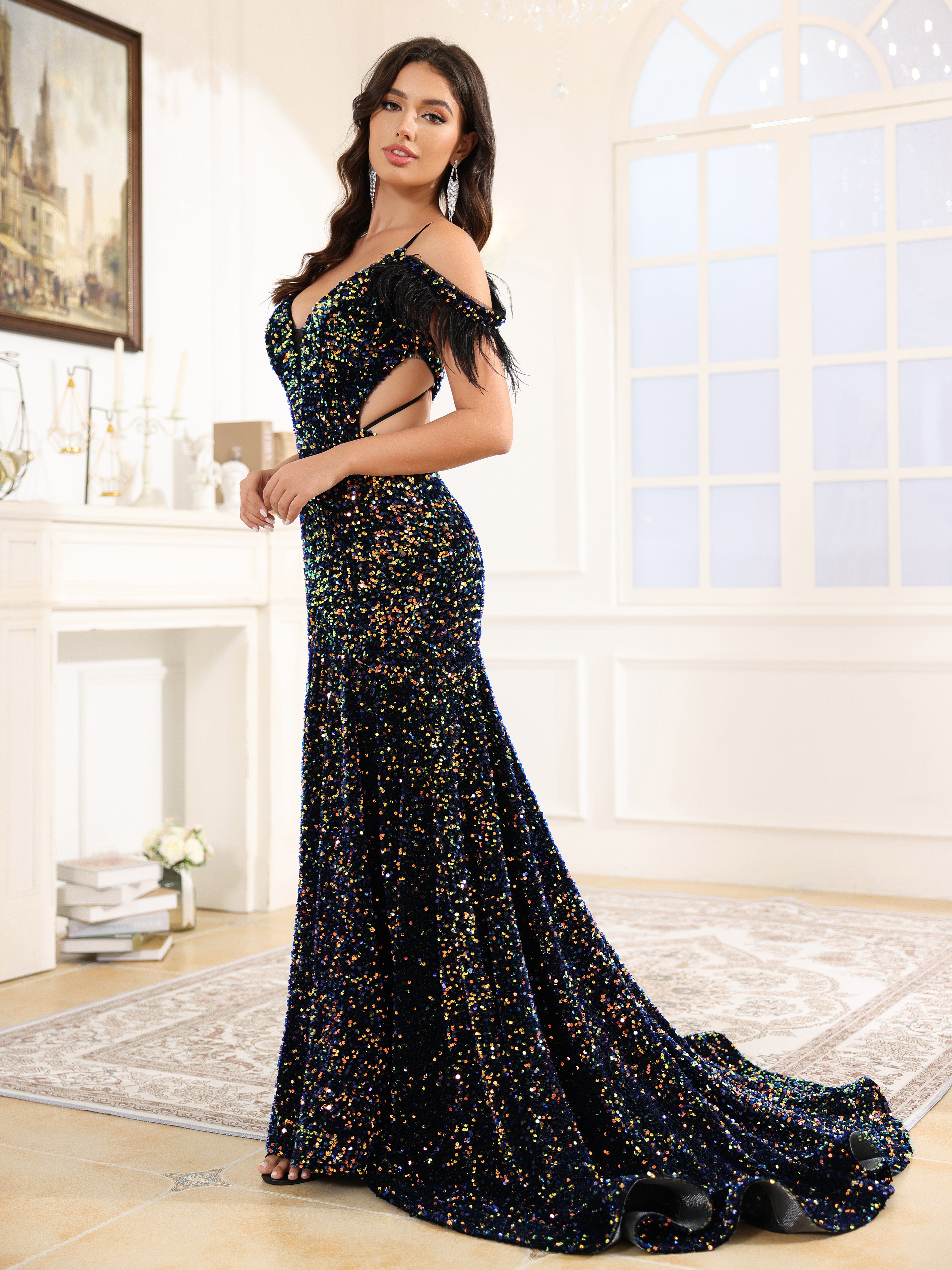 Off The Shoulder V Neck Sequins Long Prom Dress