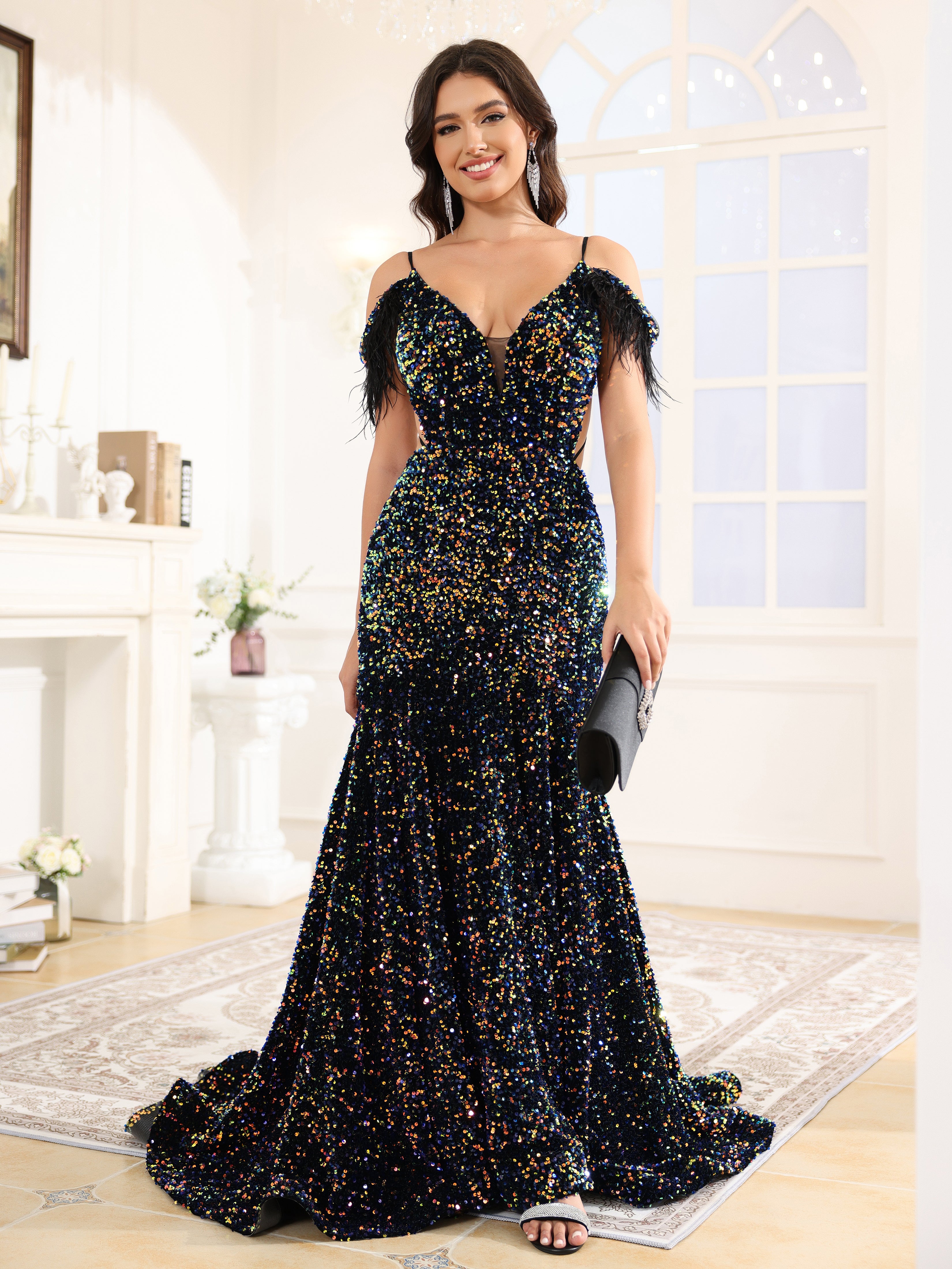 Off The Shoulder V Neck Sequins Long Prom Dress