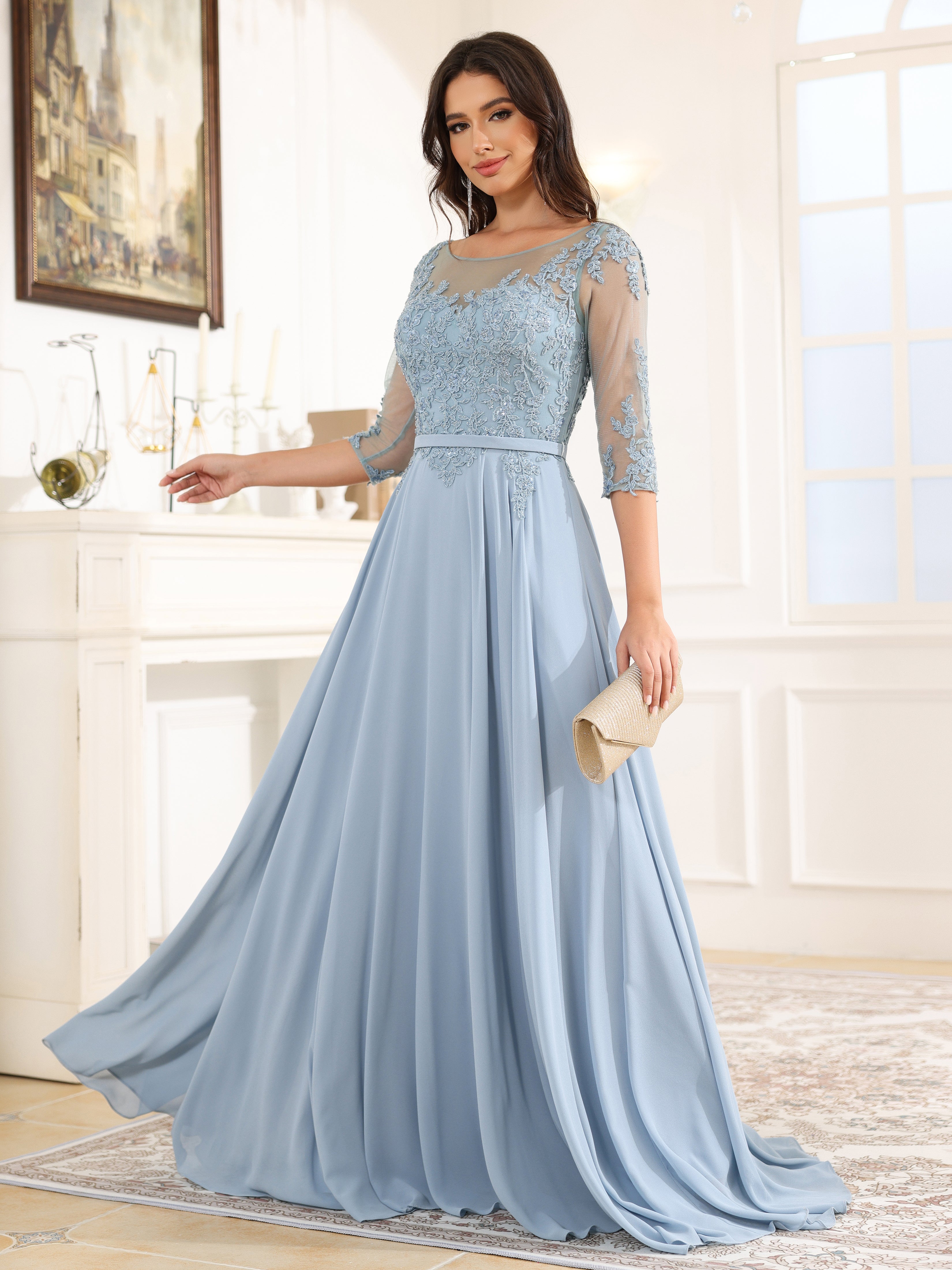 Half Sleeves A Line Chiffon Long Prom Dress