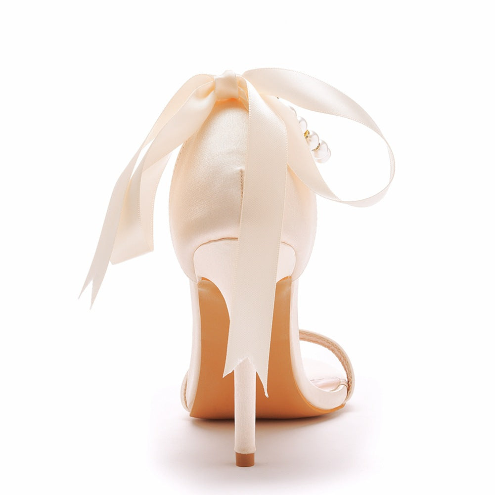 Open Toe Bow & Faux Pearl Satin Ankle Strap Stiletto