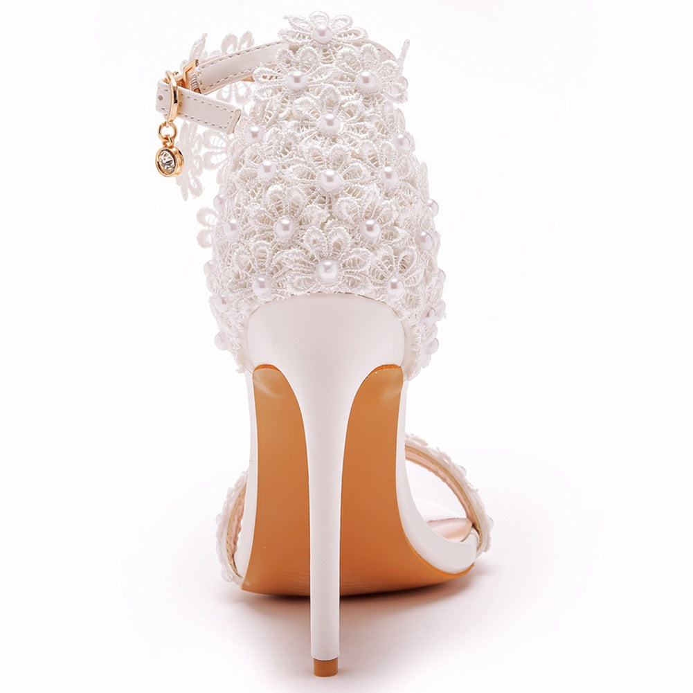 Open Toe White Lace Flowers Tassels Ankle-Strap Ultra High Heels