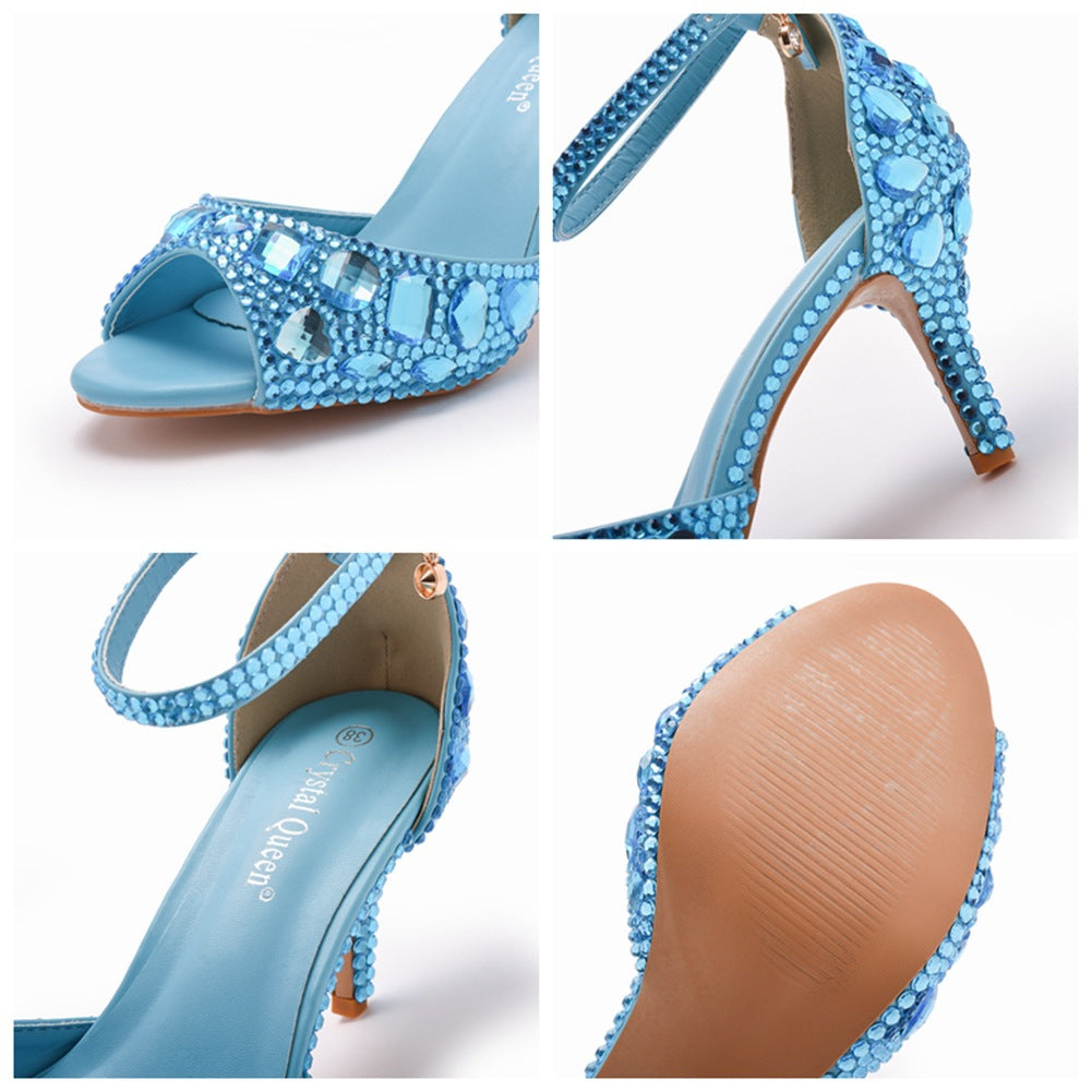 Peep Toe Rhinestone Decor Ankle-Strap High Heels