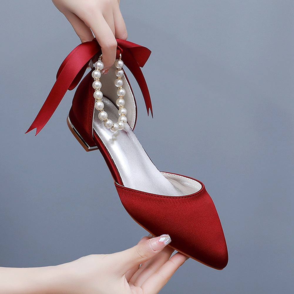 Elegant Pearl Ribbon Tie Satin Flat Heel Pointed Toe Bridal Shoes