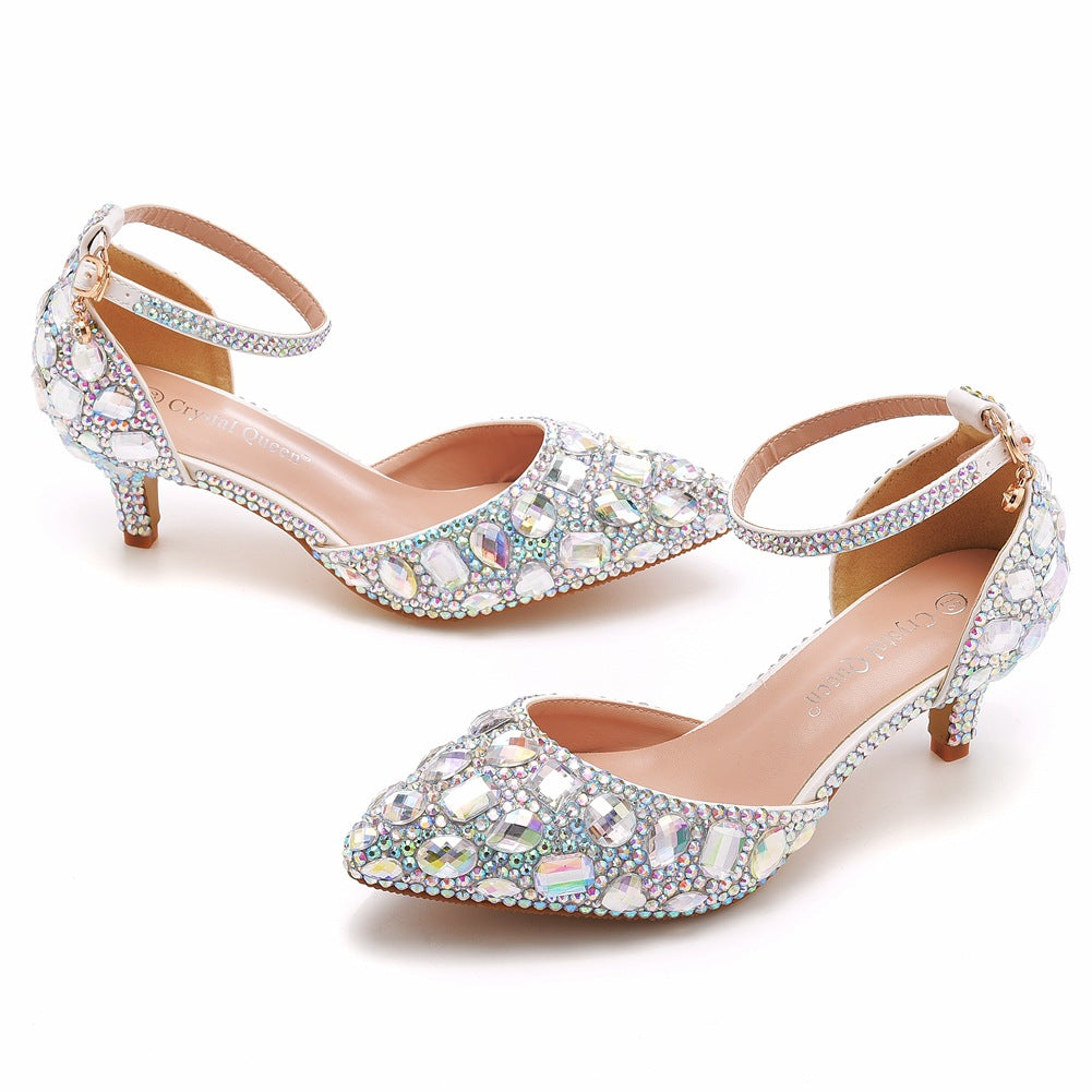 Pointed Toe Crystal Diamond Ankle Strap High Heel