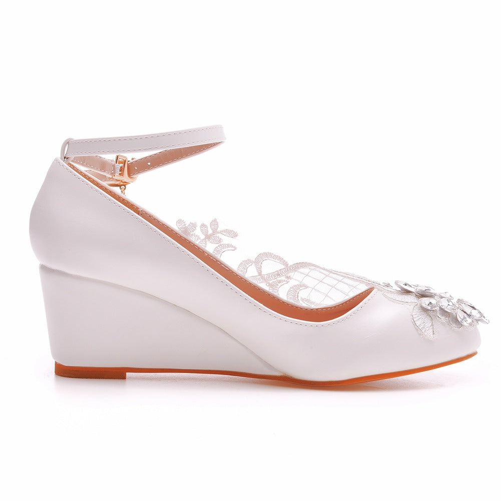 Round Toe Lace Rhinestones Ankle Strap Wedge Heel Wedding Shoes