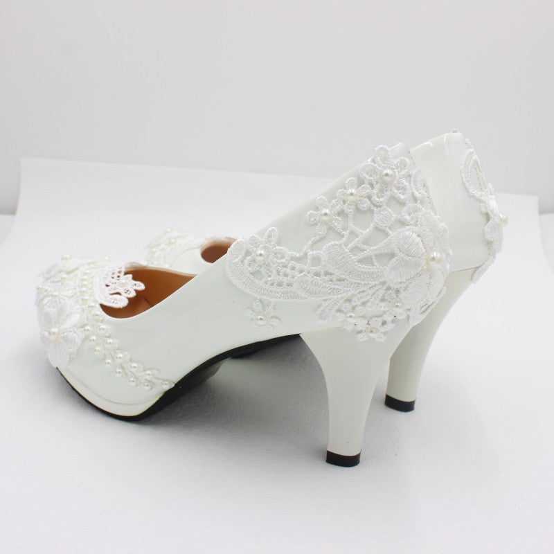 Round Toe High Heels Lace Wedding Shoes