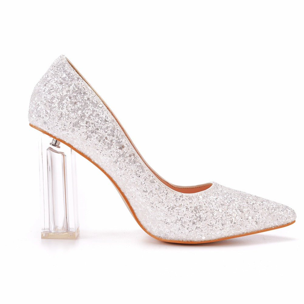 Pointed Toe Satin Crystal Transparent Slip On High Heels