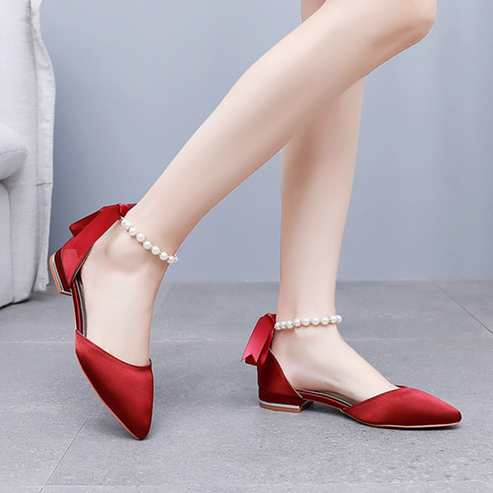 Elegant Pearl Ribbon Tie Satin Flat Heel Pointed Toe Bridal Shoes