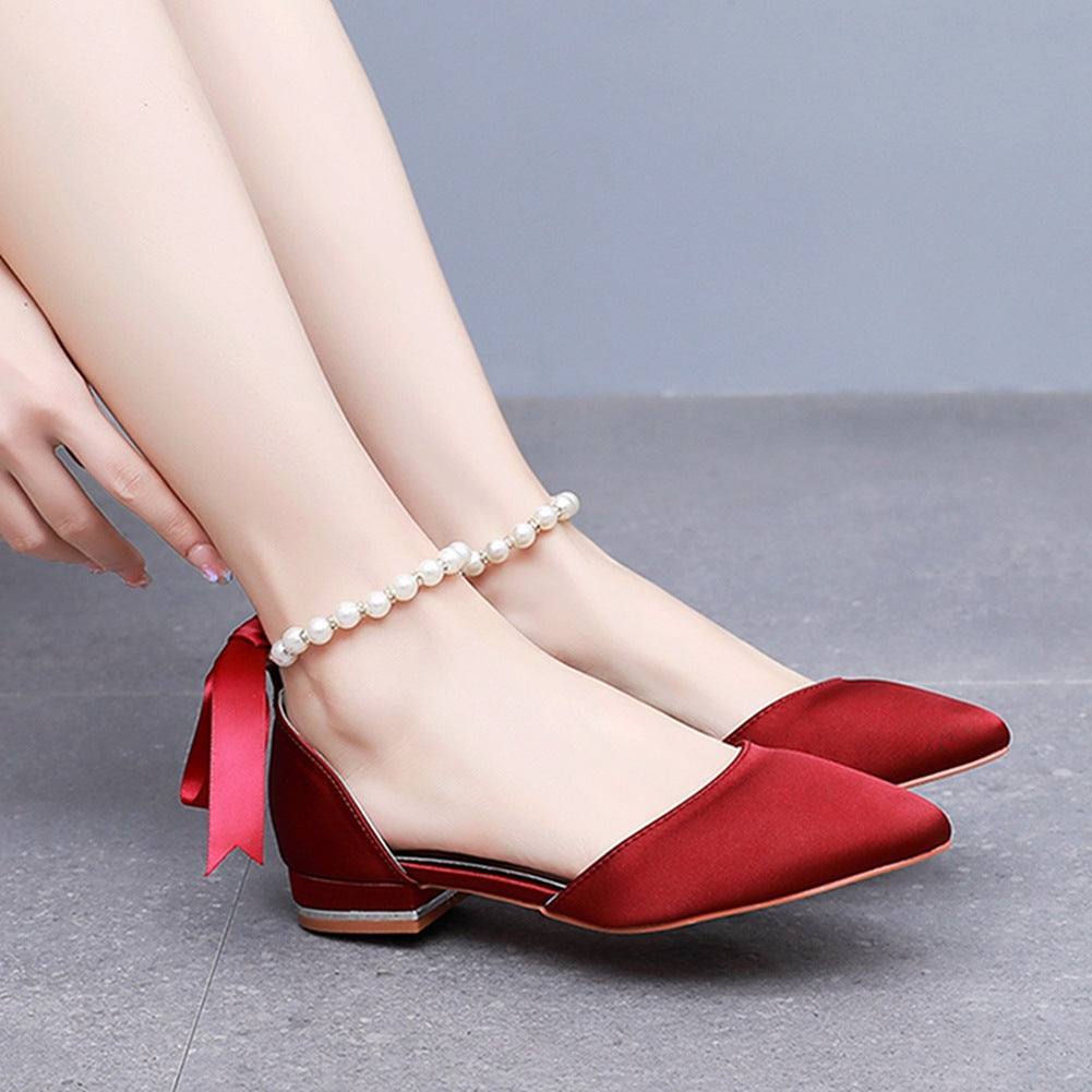 Elegant Pearl Ribbon Tie Satin Flat Heel Pointed Toe Bridal Shoes