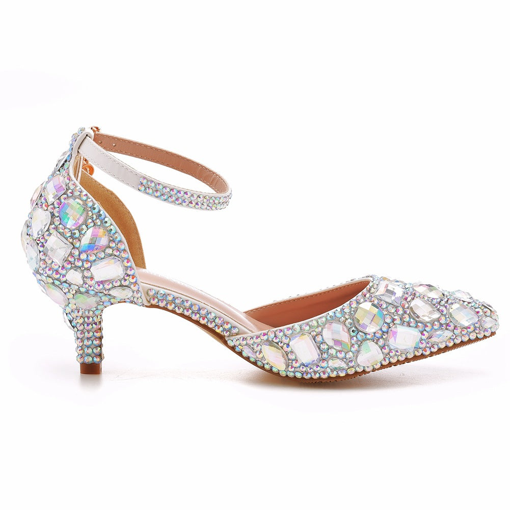 Pointed Toe Crystal Diamond Ankle Strap High Heel