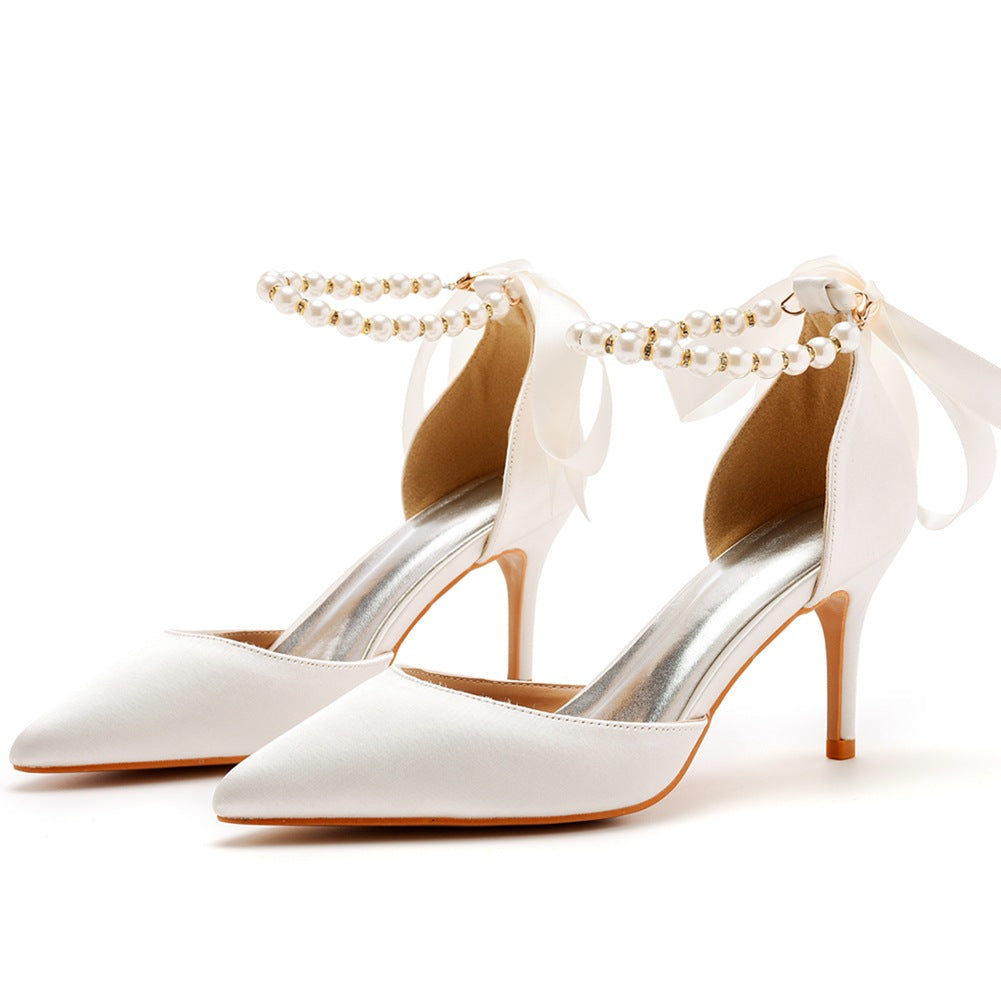 Pointed Toe Satin Pearl Ribbon Ankle Strap High Heels